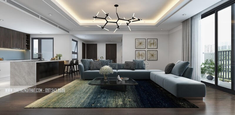 Trang trí nội thất phòng khách với gam màu xanh trẻ trung, năng động, đồ nội thất hiện đại đơn giản nhưng đáp ứng công năng. Thiết kế chung cư