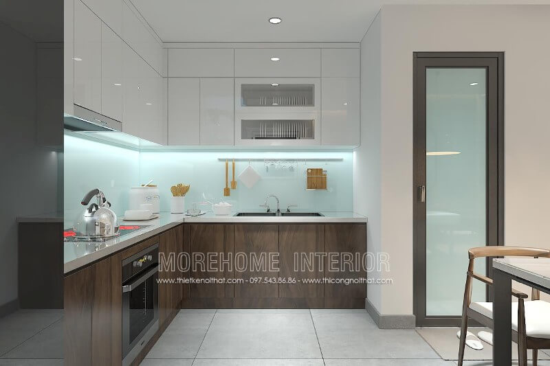 Bố trí tủ bếp chữ L hiện đại, các ngăn tủ được phân chia hợp lí giúp gia chủ thuận tiện hơn trong việc lưu trữ vật dụng nhà bếp và nấu nướng. Thiết kế và sản xuất tủ bếp đẹp