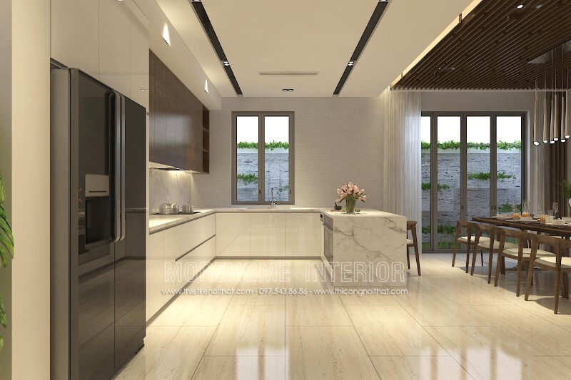 Thiết kế nội thất phòng bếp hiện đại tiện nghi với mẫu tủ bếp gỗ công nghiệp nhiều ngăn, hộc tủ đa dạng tạo nên không gian lưu trữ vật dụng nhà bếp luôn gọn gàng, ngăn nắp Thiết kế và sản xuất tủ bếp đẹp