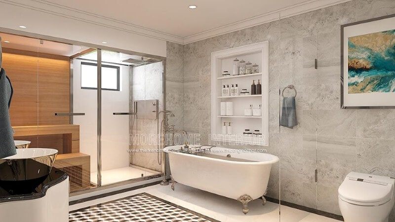 Sắp xếp nội thất phòng tắm cao cấp có bồn đẹp, sang trọng.