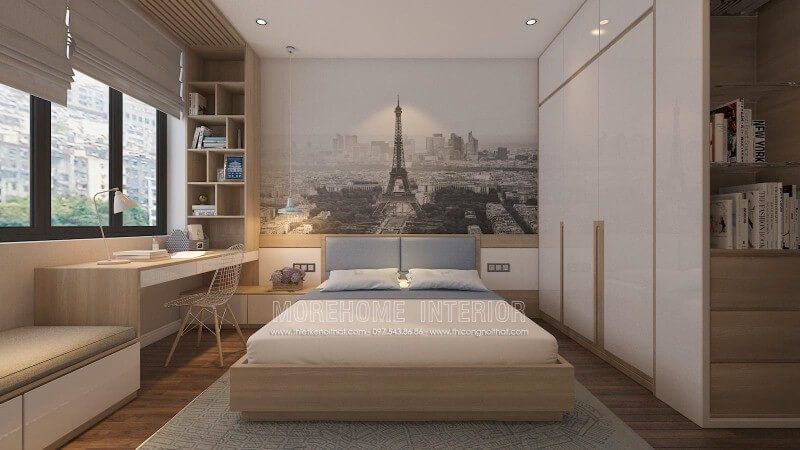 Tranh dán tường đen trắng sang trọng ấn tượng với địa danh tháp Effel nổi tiếng, lựa chọn ấn tượng cho tâm điểm phòng ngủ hiện đại.