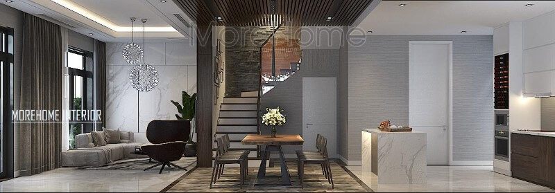 Thiết kế phòng khách, bếp ăn hiện đại độc lập nhưng không sử dụng rèm che giúp không gian trở nên thông thoáng, rộng rãi.