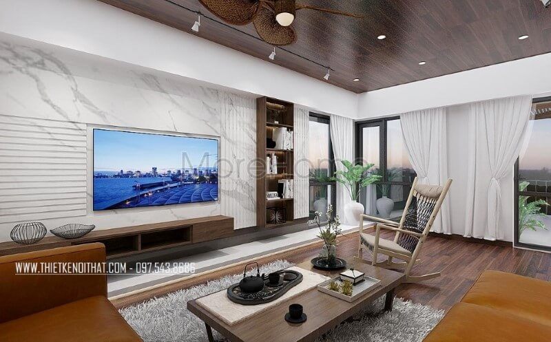 Thiết kế nội thất phòng khách đẹp cho biệt thự, nhà phố với đá ốp tường vân mấy trang trí đẹp mắt, sang trọng.
