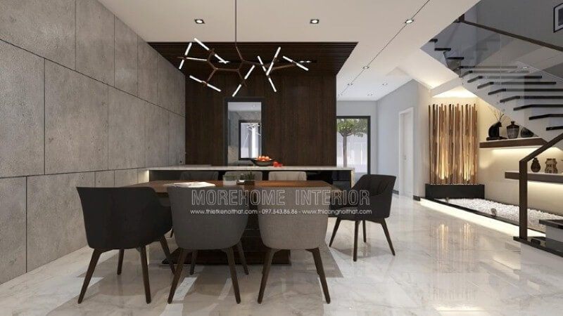 Bố trí phòng ăn hiện đại độc đáo dành cho không gian rộng như nhà phố, biệt thự với ý tưởng thiết kế mở phòng ăn liền kề phòng khách, phòng bếp.