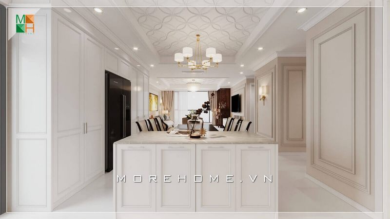 Mẫu đảo bếp tân cổ điển ấn tượng sang trọng với sắc trắng lịch lãm tôn vẻ đẳng cấp cho không gian bếp liền phòng ăn nơi đây.