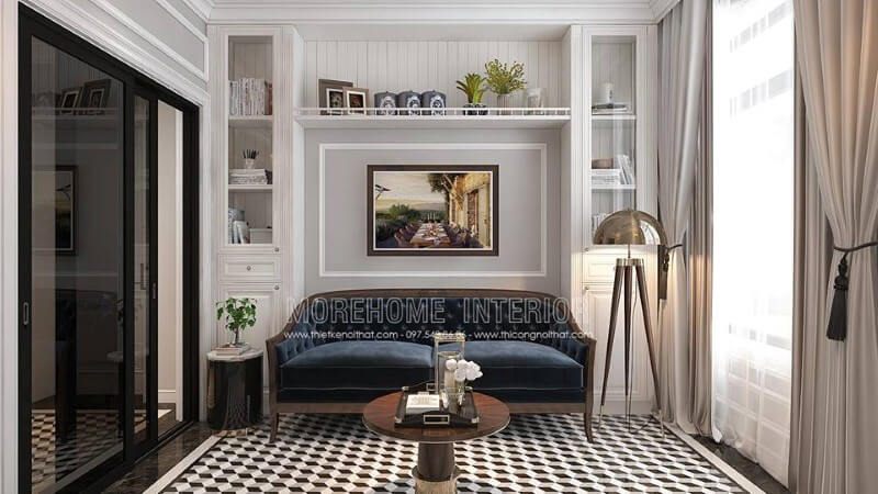 Kệ trang trí cùng ghế sofa được thiết kế khá hợp lý giúp không gian vừa trở nên thông thoáng nhưng lại tạo điểm nhấn ấn tượng, độc đáo cho phòng đọc sách.