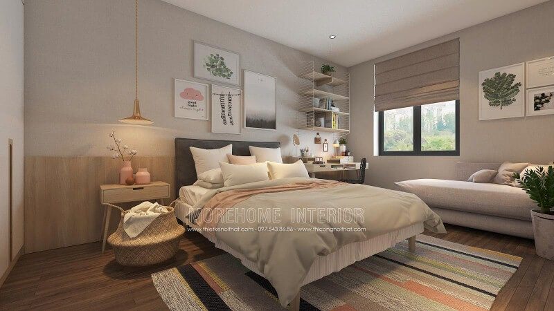 Gạch giả gỗ ốp tường cùng cách bố trí hiện đại, độc đáo đã tạo nên phòng ngủ trẻ trung, sinh động.