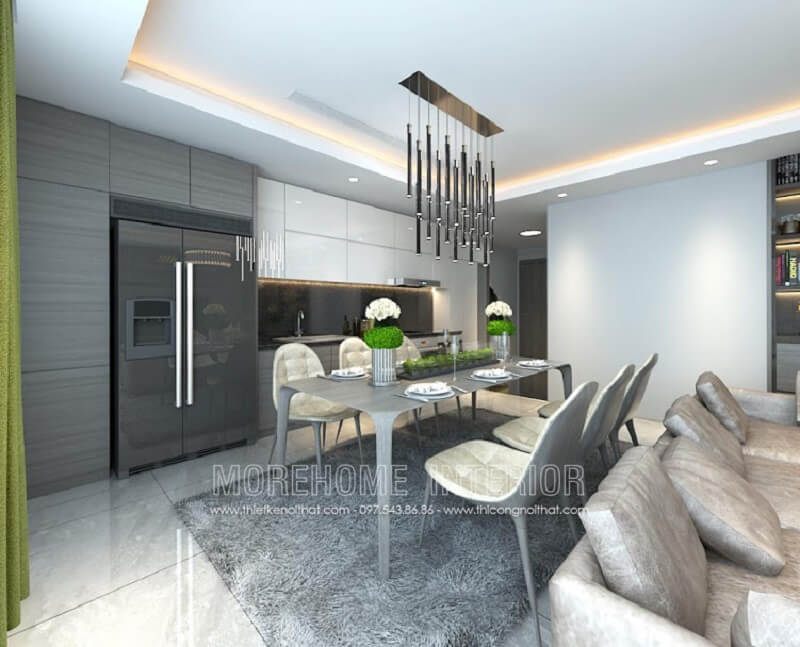 Mẫu bàn ghế ănhiện đại màu xám tạo điểm nhấn nổi bật cho không gian căn phòng