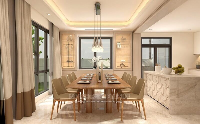 Ấn tượng với bộ bàn ăn gỗ sồi đẹp với những đường vân tinh tế, đường nét đơn giản cuốn hút tạo điểm nhấn nổi bật cho căn phòng