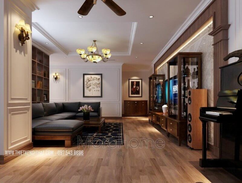 Thiết kế nội thất phòng khách chung cư đẹp với chất liệu gỗ óc chó tự nhiên nhập khẩu cao cấp