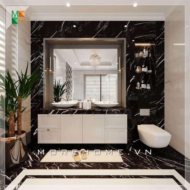 Việc thiết kế tủ chậu lavabo đẹp mắt và có kệ treo tường sẽ giúp phòng tắm trở nên rộng rãi hơn và sáng hơn bởi sàn nhà sẽ không bị che phủ quá nhiều.