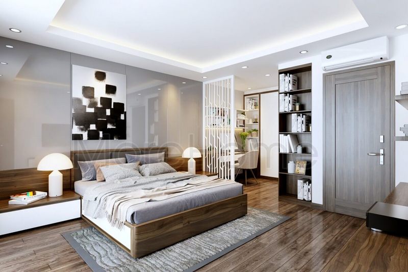 Phòng ngủ hiện đại được trang trí bằng nội thất để tạo ra một không gian thoáng mát.
